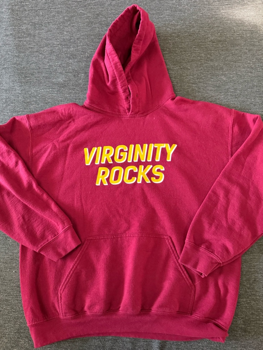 Burgundy classic Y2K  "Virginity Rocks" Hoodie Yellow Lettering size Large